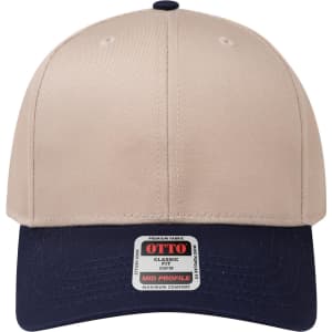 A mid-profile baseball cap with a beige crown and navy brim, featuring a logo on the front.
