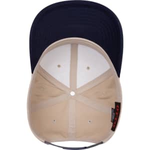 A beige and navy 6 panel mid-profile baseball cap with an internal structure displayed from above.