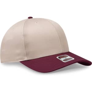A beige and maroon 6-panel mid-profile baseball cap with a logo on the front.