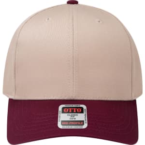 A beige and maroon 6 panel mid profile baseball cap with a logo on the front.
