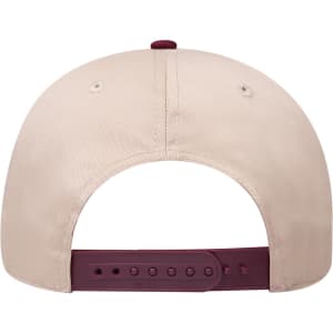 A beige mid-profile baseball cap with a maroon adjustable strap and a logo on the back.