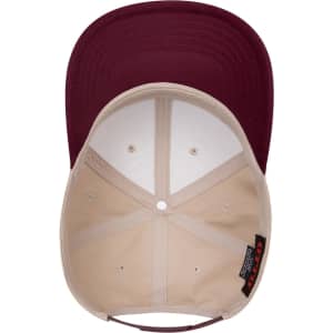 A maroon and beige 6-panel mid-profile baseball cap with a curved brim and an interior lining.
