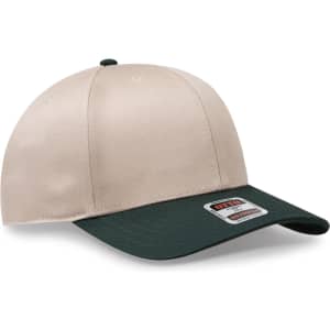 A beige and dark green six-panel mid profile baseball cap with a logo on the side.