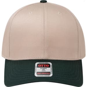 A beige and green 6-panel mid-profile baseball cap with a logo on the front and a structured design.
