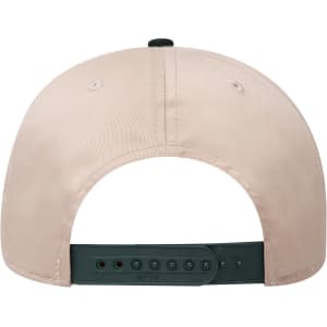A beige 6 panel mid-profile baseball cap with a green adjustable strap and a logo on the back.