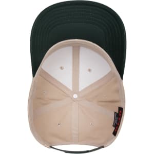 A green and beige 6-panel mid-profile baseball cap featuring a logo inside.