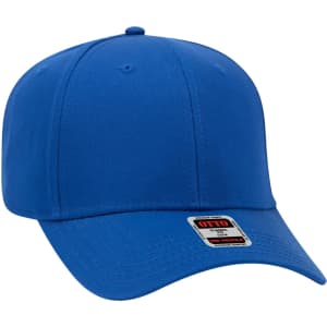 A blue 6-panel baseball cap with a structured design and a logo on the label.