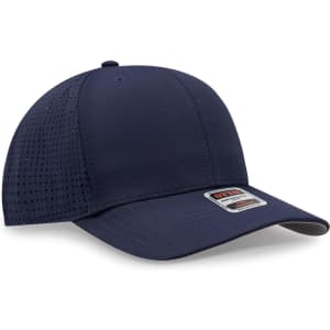 A navy blue 6 panel mid profile baseball cap with a branded logo and textured side panels.