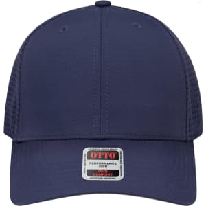 A navy blue 6 panel mid-profile baseball cap with a branded label on the front.