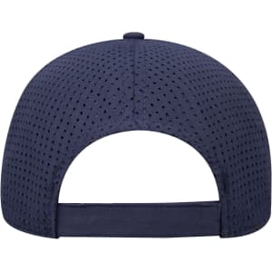 A navy blue 6-panel mid profile style baseball cap with a perforated design and an adjustable strap at the back.