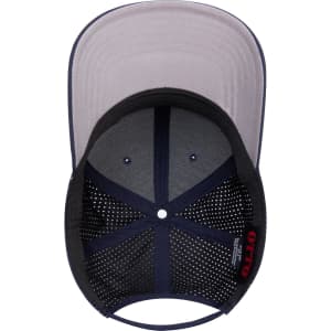 A 6-panel mid-profile baseball cap featuring a black exterior, grey underside of the brim, and a logo inside.