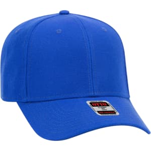 A blue 6-panel baseball cap with a structured silhouette and a branded label on the front.
