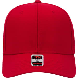 A red mid-profile baseball cap featuring a structured design and a logo on the front.