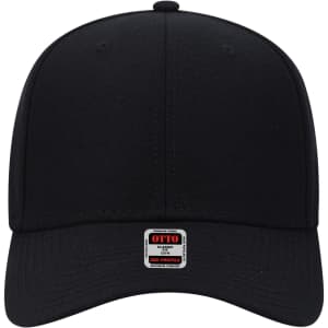A black six panel mid profile baseball cap featuring a logo at the front.