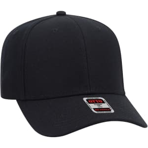 A black 6-panel baseball cap with a rounded crown and a curved brim, featuring a logo on the front.