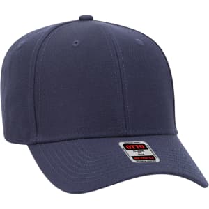 A navy blue 6 panel baseball cap featuring a curved brim and a logo tag.