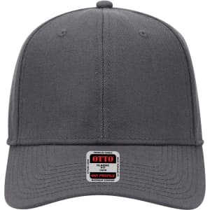 A grey 6 panel mid profile baseball cap with a logo label on the front.