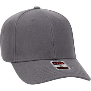 A grey 6 panel baseball cap with a curved brim and a logo on the front.