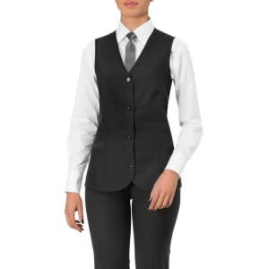 A black vest worn over a white shirt, paired with a tie, displayed on a model. The vest features buttons and a tailored fit.