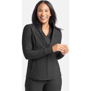 A full zip track jacket in black, featuring a fitted design and a zippered front, worn by a smiling woman.