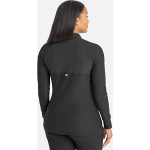 A black full zip track jacket with a fitted design, featuring long sleeves and a back view showcasing a branding logo.