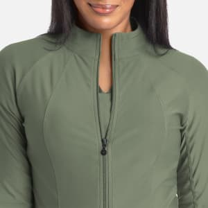 A full zip track jacket in olive green featuring a sleek design and a zippered front. It includes a logo.
