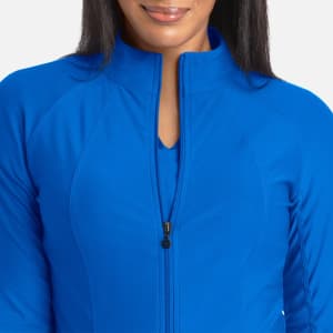 A blue full zip track jacket with a high collar and a zipper design, featuring a logo on the chest.