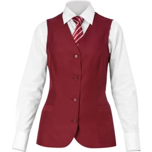 A maroon vest with a fitted design, paired with a white shirt and a red-striped tie. The vest features buttons and pockets.
