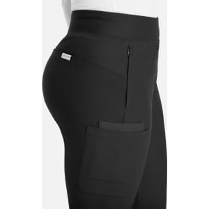 A pair of black mid-rise joggers featuring a side pocket and branding.