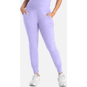 A mid-rise jogger in lavender with pockets, featuring a comfortable fit and elastic waistband.