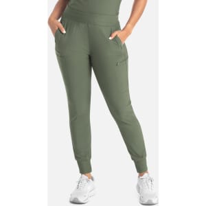 A pair of mid-rise joggers in olive green with two front pockets, featuring an elastic waistband and cuffs.