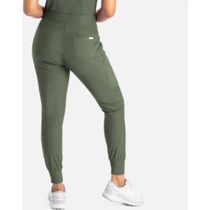 A pair of mid-rise joggers in a dark olive green colour with a back pocket and fitted cuffs.