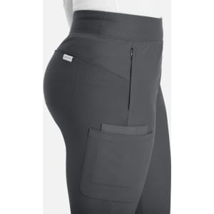 A mid-rise jogger in dark grey with pockets and a fitted silhouette. The design features a logo.