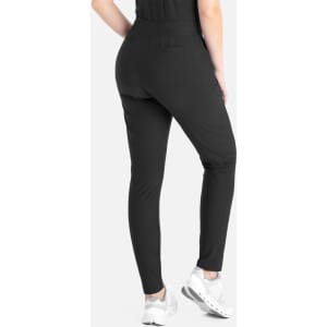 A pair of black tapered leg pants, featuring a fitted design and elasticised waistband.