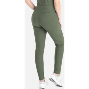 A pair of green tapered leg pants with a fitted design and elastic waistband, featuring a logo.