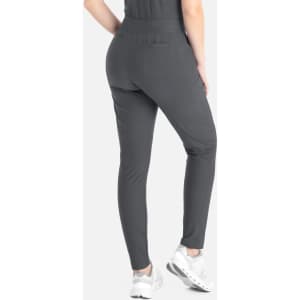 A pair of tapered leg pants in dark grey, featuring a back pocket and a fitted design.
