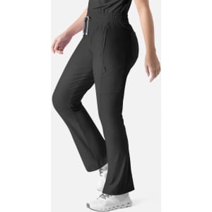A pair of black bootcut pants with an elastic waistband and pockets, featuring a logo on one side.