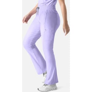 A pair of lilac bootcut pants featuring an elastic waistband and pockets. The pants have a logo on them.