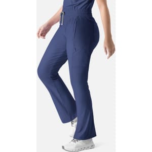 A pair of navy bootcut pants with an elastic waistband and side pockets, featuring a logo.
