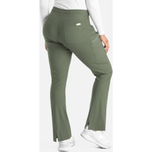 A pair of olive green bootcut pants with a fitted waistband and side pockets, featuring a logo.