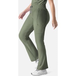 A pair of olive green bootcut pants with an elastic waistband and pockets, featuring a simplistic design.