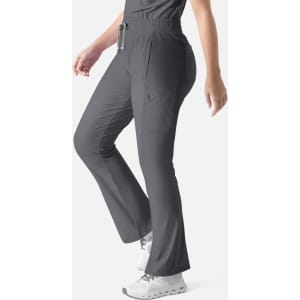 A grey bootcut pant with a drawstring waist and side pockets, displayed on a model. Features a logo on the waistband.