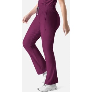 A pair of bootcut pants in a rich burgundy colour, featuring side pockets and an elastic waistband.