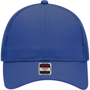A blue 6 panel mid profile trucker cap with a branded label on the front and mesh side panels.