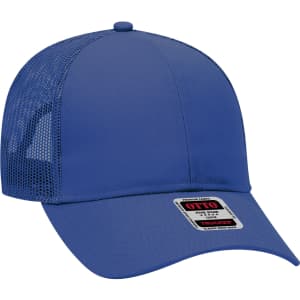A blue 6 panel trucker hat with a mesh back and a branded tag at the front.