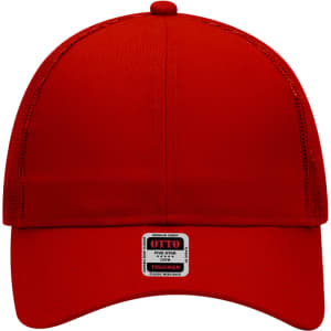 A red 6-panel mid profile trucker cap with mesh sides and a label at the front.