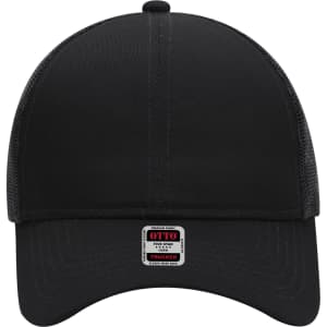 A black 6-panel mid profile trucker cap with a mesh back and a small logo on the front.