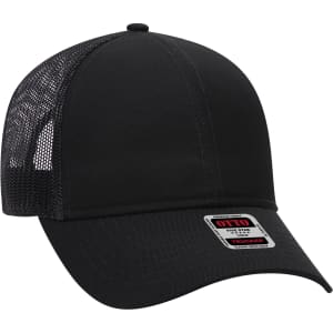 A black 6 panel trucker hat featuring a mesh back and a logo badge on the front.