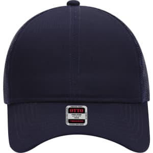 A navy 6 panel mid-profile trucker cap with mesh sides and a branded patch on the front.