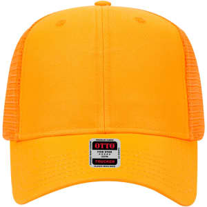 An orange 6 Panel Mid Profile Trucker Cap with a mesh back and stitched details. It features a logo on the front.